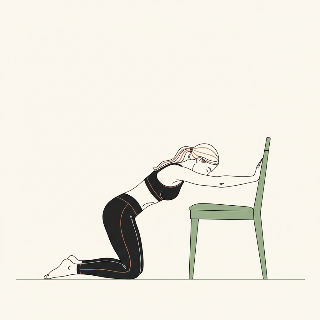 Illustration of Kneeling Lat Stretch (using a chair or wall)